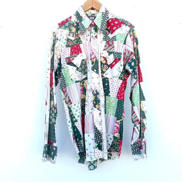 Vintage 1970s Fenton Granny Quilt Patchwork Button Down Shirt 36 Pearl Snaps - Picture 2 of 9